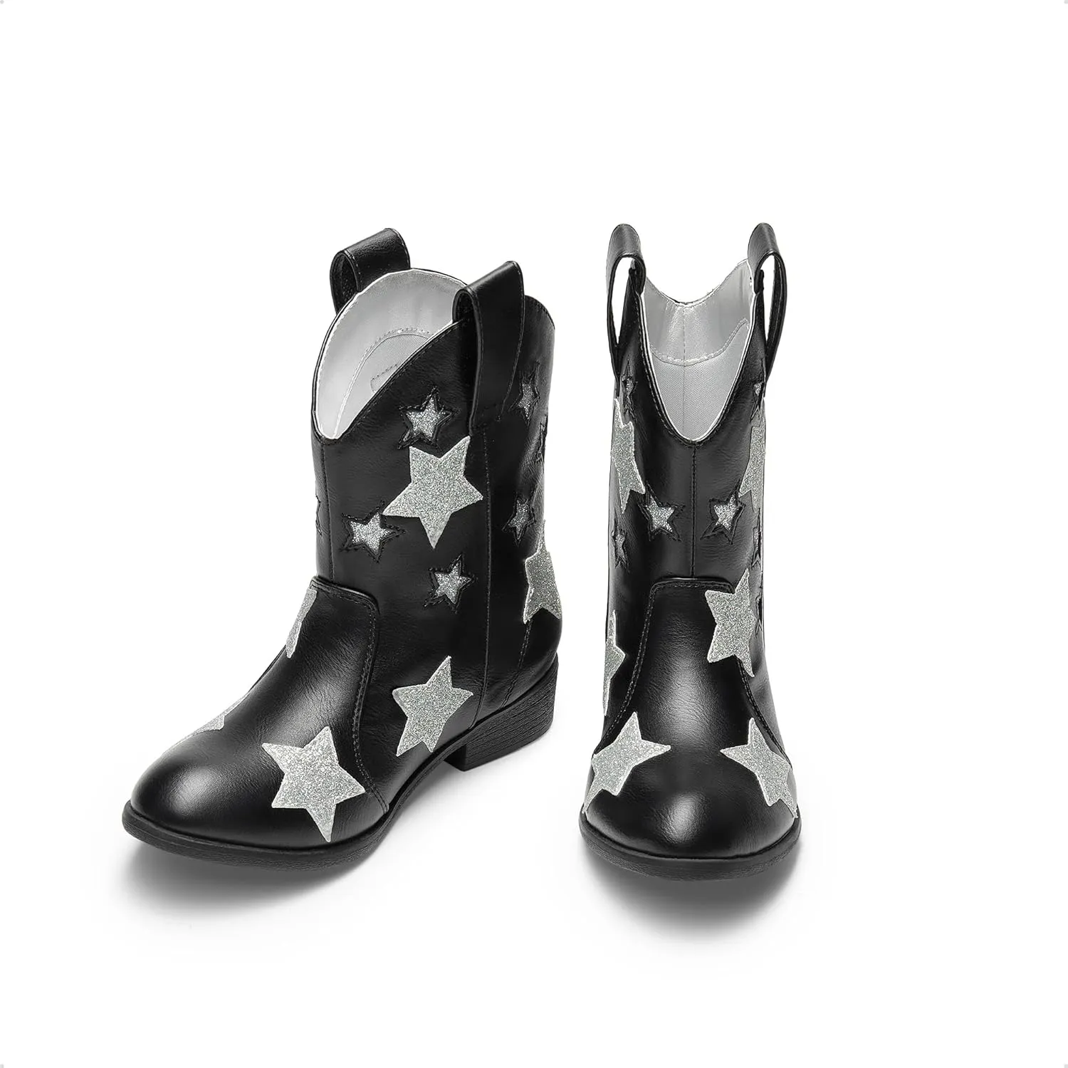 DREAM PAIRS Girls Cowgirl Boots Mid Calf Glitter Cowboy Western Boots Toddler Girls Star Riding Shoes