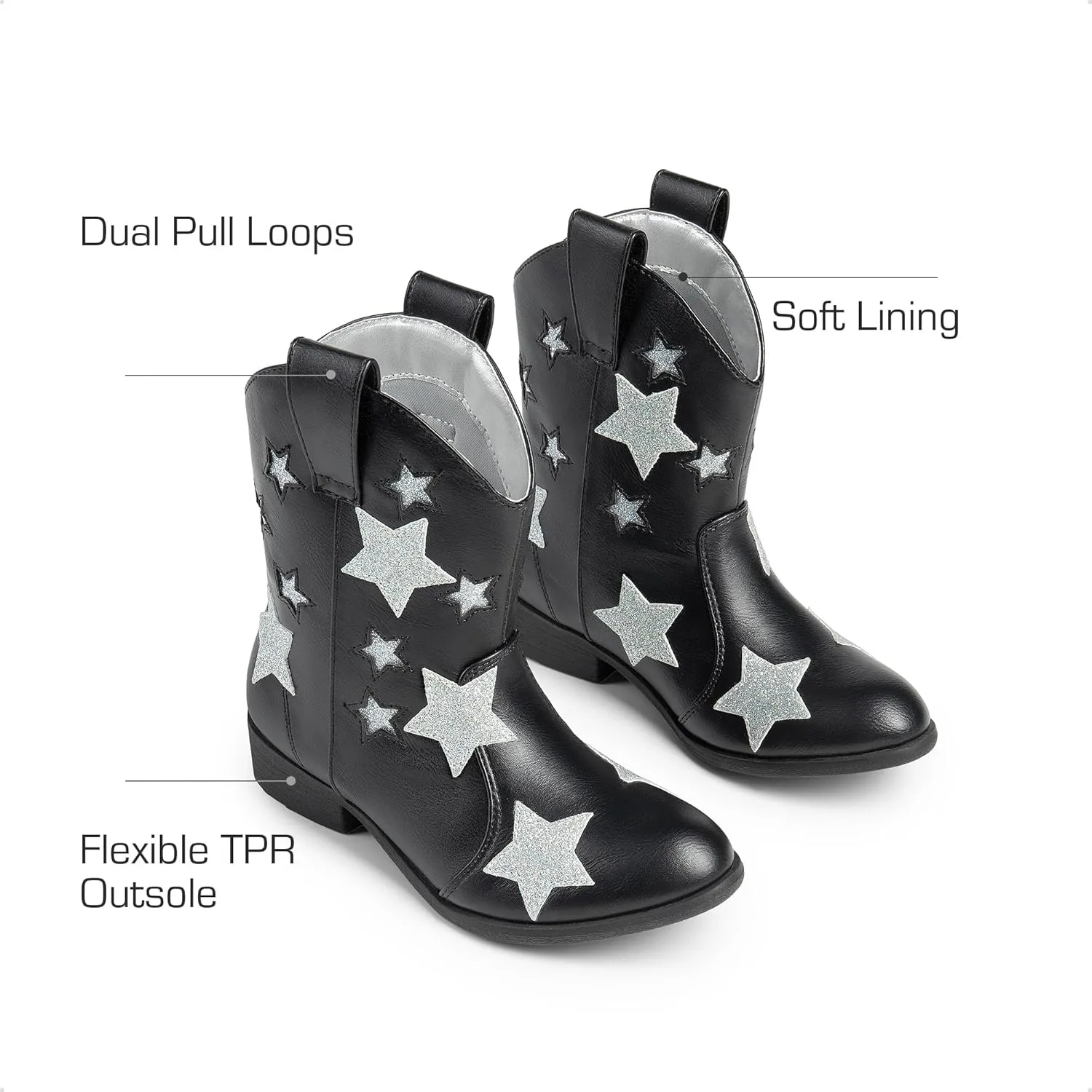 DREAM PAIRS Girls Cowgirl Boots Mid Calf Glitter Cowboy Western Boots Toddler Girls Star Riding Shoes