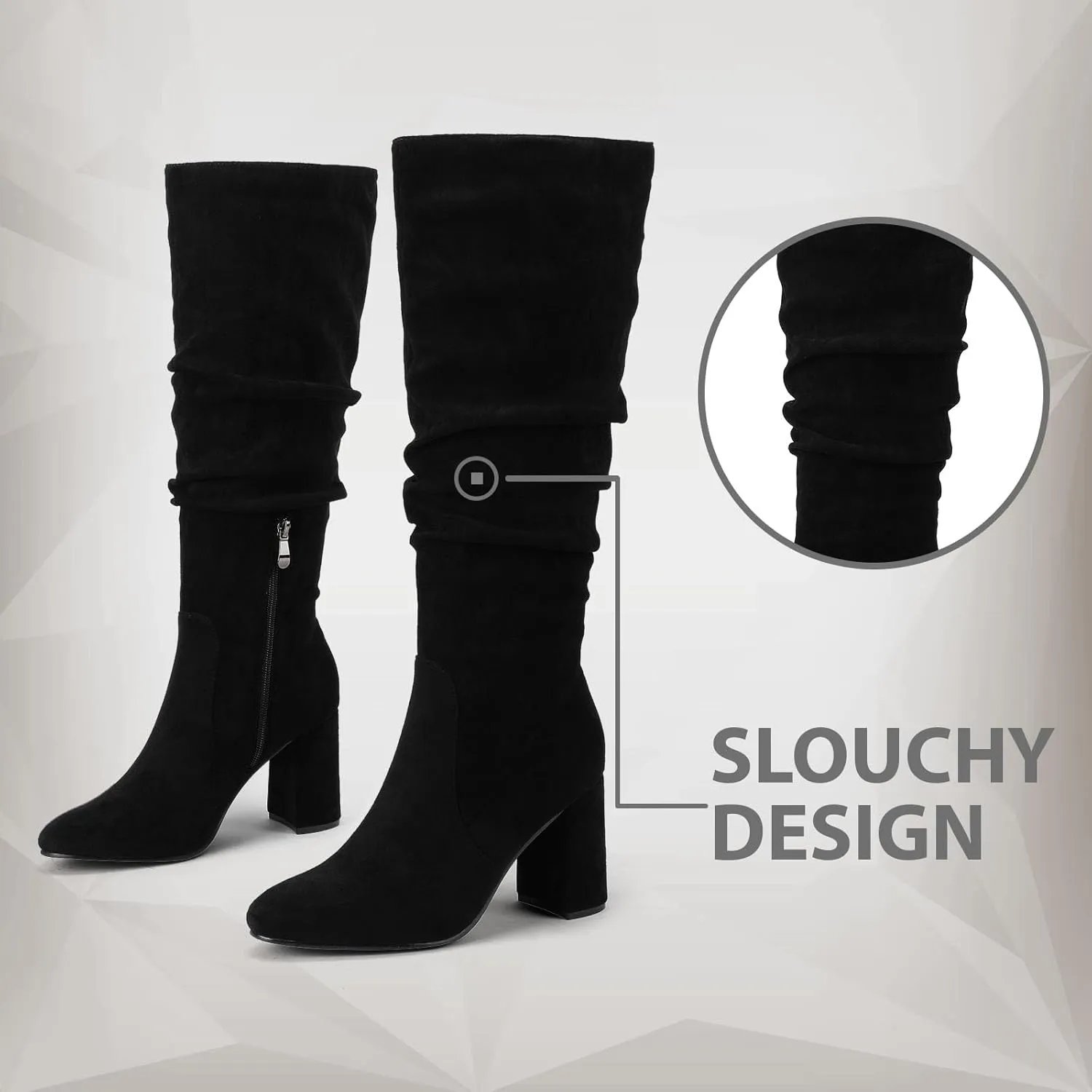 Eteridrey Knee High Boots Womens Chunky Heels Side Zipper Slouchy Boots Comfortable Faux Suede Riding Mid Calf Boots