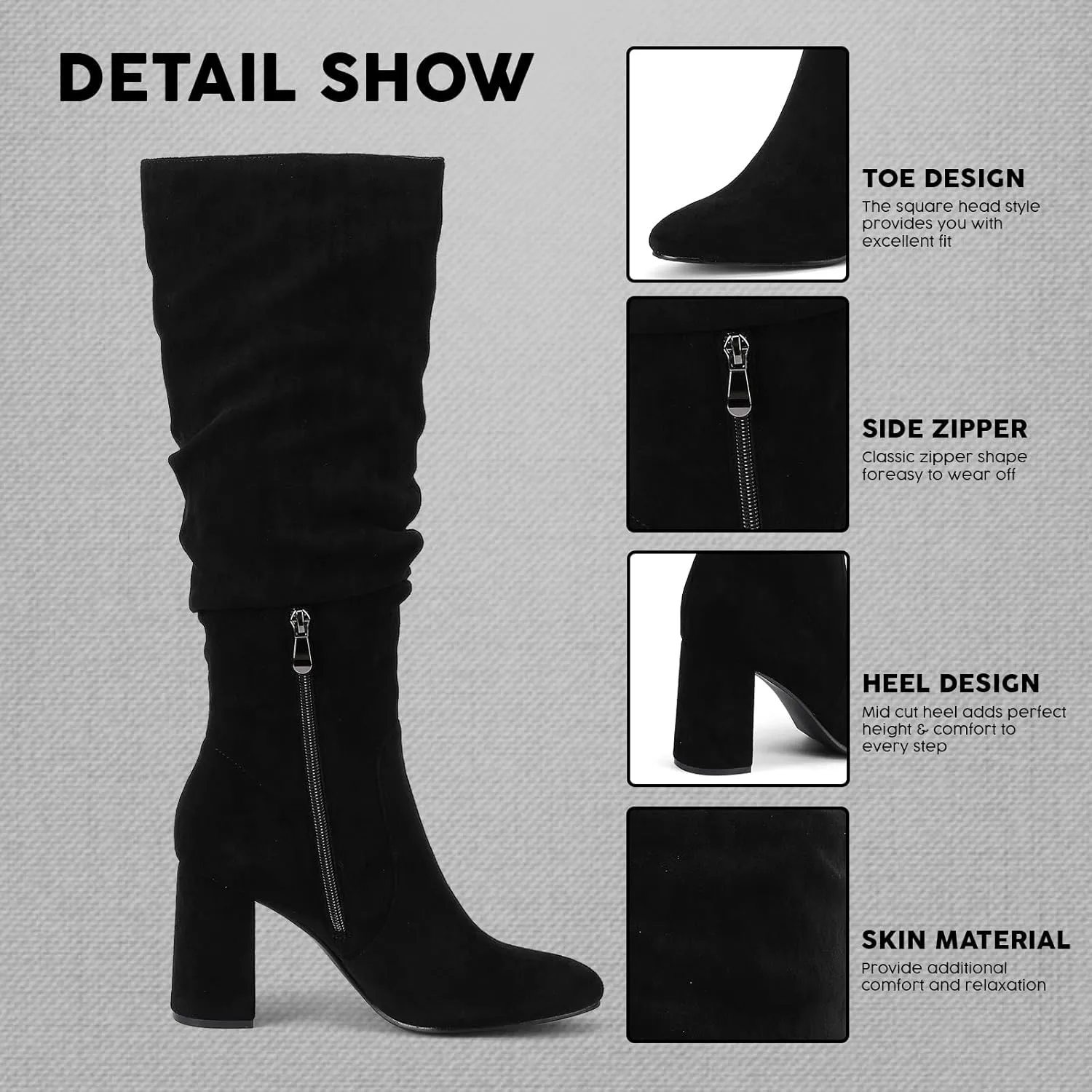 Eteridrey Knee High Boots Womens Chunky Heels Side Zipper Slouchy Boots Comfortable Faux Suede Riding Mid Calf Boots