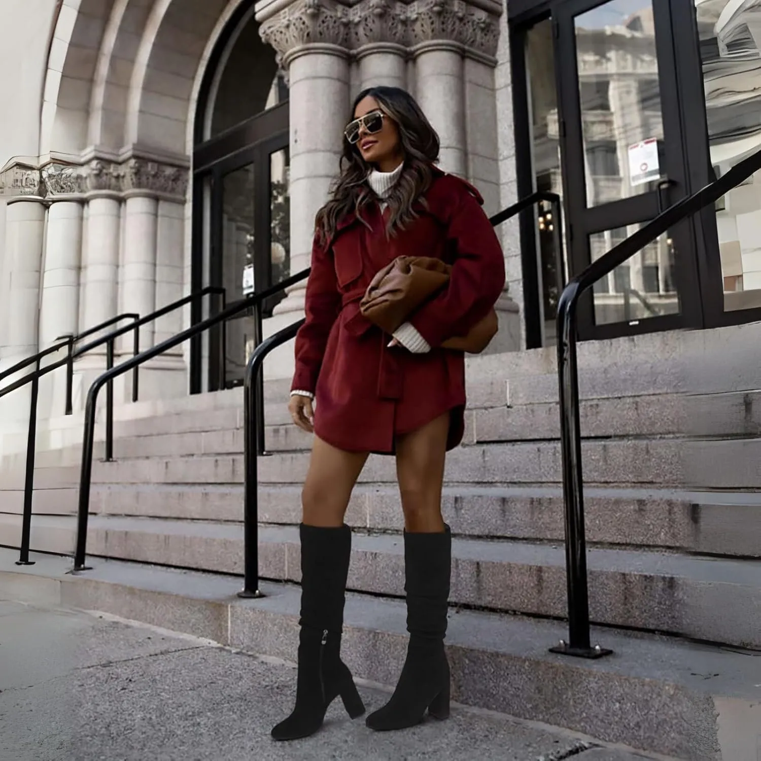 Eteridrey Knee High Boots Womens Chunky Heels Side Zipper Slouchy Boots Comfortable Faux Suede Riding Mid Calf Boots