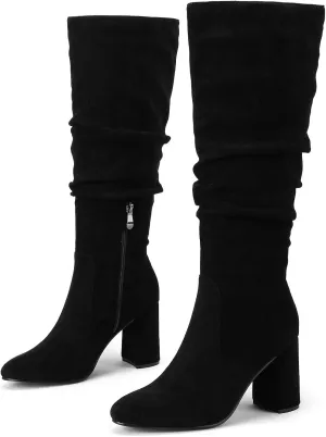 Eteridrey Knee High Boots Womens Chunky Heels Side Zipper Slouchy Boots Comfortable Faux Suede Riding Mid Calf Boots