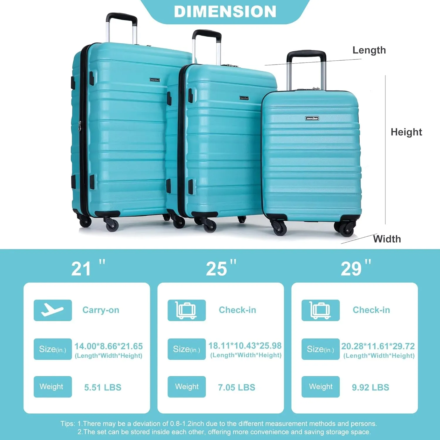 Expandable 3-Piece Luggage Set (21", 25", 29"), PC Lightweight & Durable Suitcase with 360 Spinner Wheels, Two Hooks and TSA Lock, Carry-On & Checked Travel Gear Set (Aqua Blue)