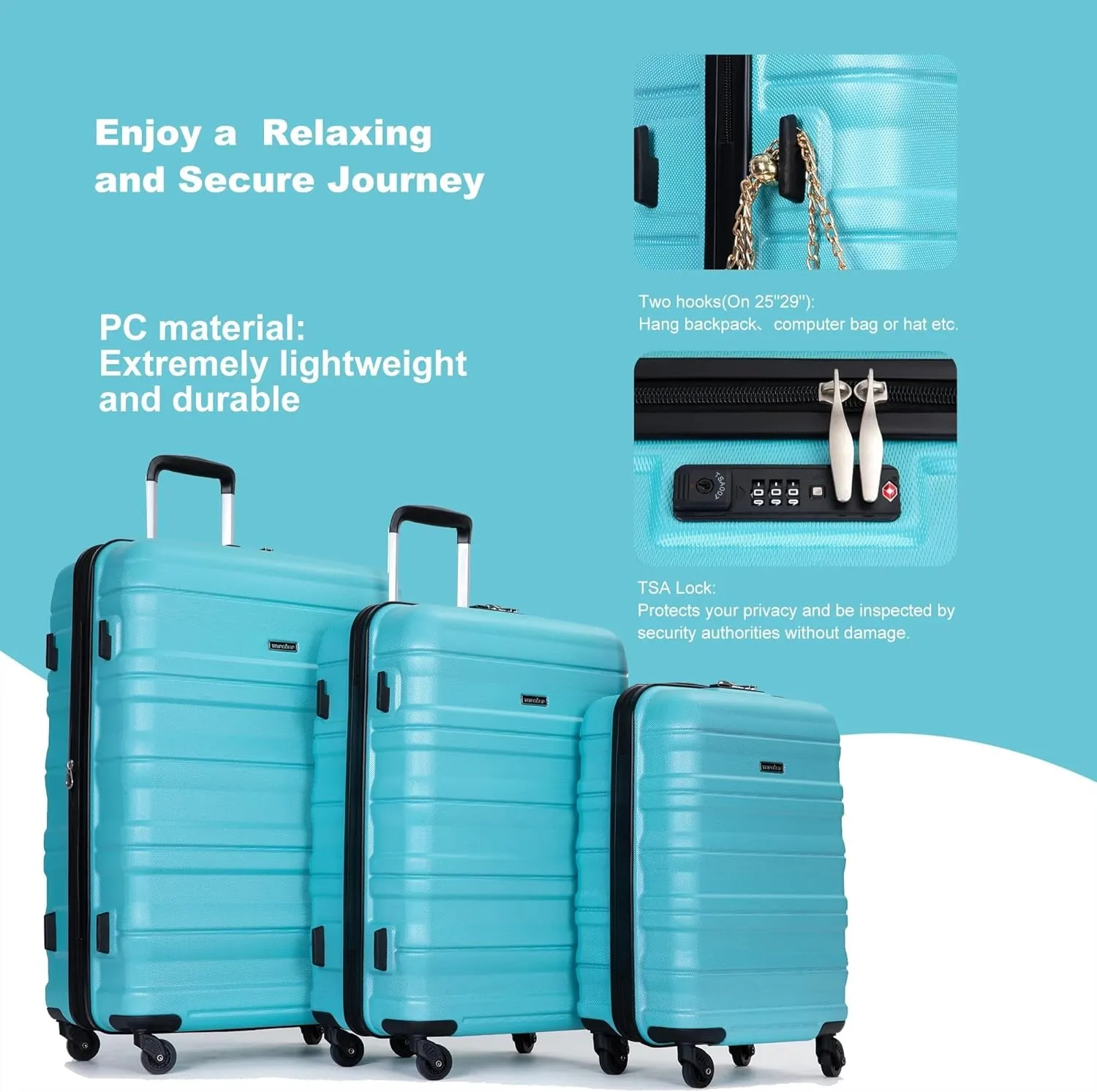 Expandable 3-Piece Luggage Set (21", 25", 29"), PC Lightweight & Durable Suitcase with 360 Spinner Wheels, Two Hooks and TSA Lock, Carry-On & Checked Travel Gear Set (Aqua Blue)