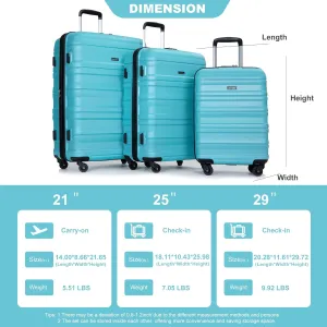 Expandable 3-Piece Luggage Set (21", 25", 29"), PC Lightweight & Durable Suitcase with 360 Spinner Wheels, Two Hooks and TSA Lock, Carry-On & Checked Travel Gear Set (Aqua Blue)