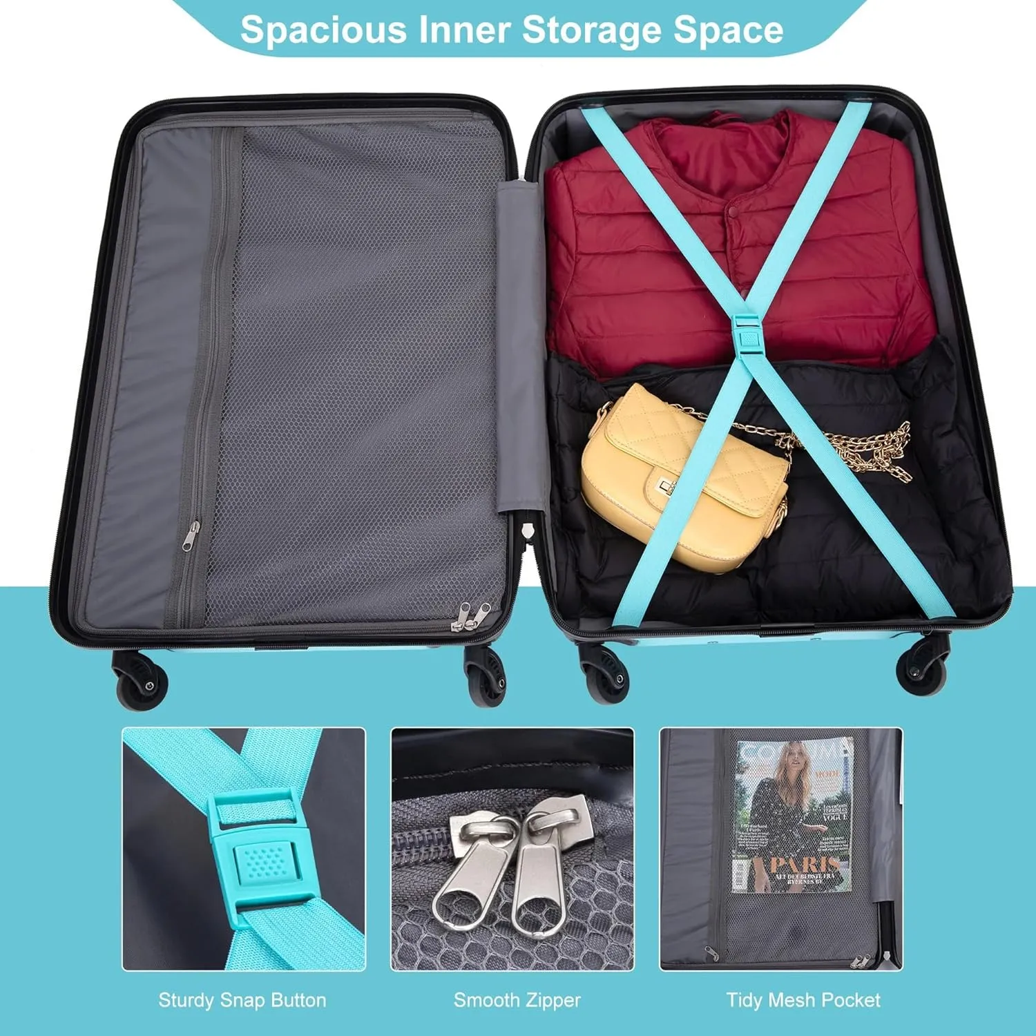 Expandable 3-Piece Luggage Set (21", 25", 29"), PC Lightweight & Durable Suitcase with 360 Spinner Wheels, Two Hooks and TSA Lock, Carry-On & Checked Travel Gear Set (Aqua Blue)