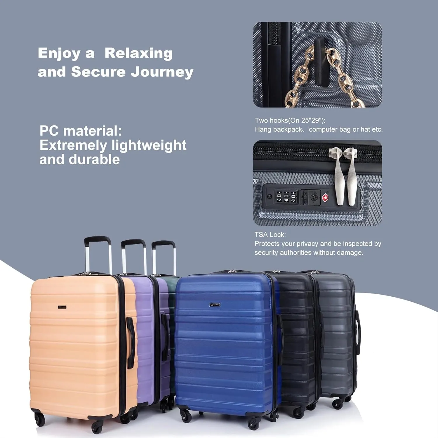Expandable 3-Piece Luggage Set (21", 25", 29"), PC Lightweight & Durable Suitcase with 360 Spinner Wheels, Two Hooks and TSA Lock, Carry-On & Checked Travel Gear Set (Gray)
