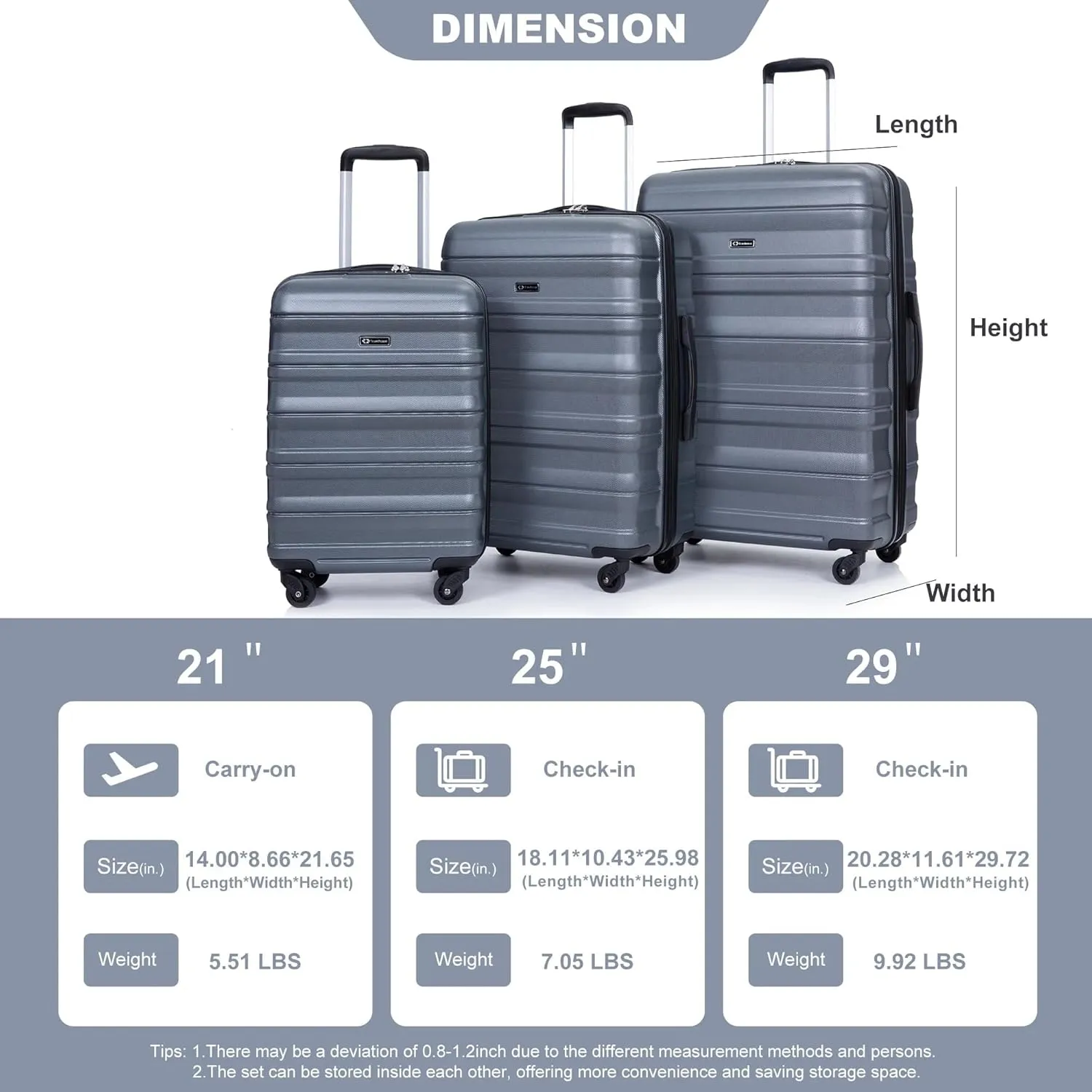 Expandable 3-Piece Luggage Set (21", 25", 29"), PC Lightweight & Durable Suitcase with 360 Spinner Wheels, Two Hooks and TSA Lock, Carry-On & Checked Travel Gear Set (Gray)