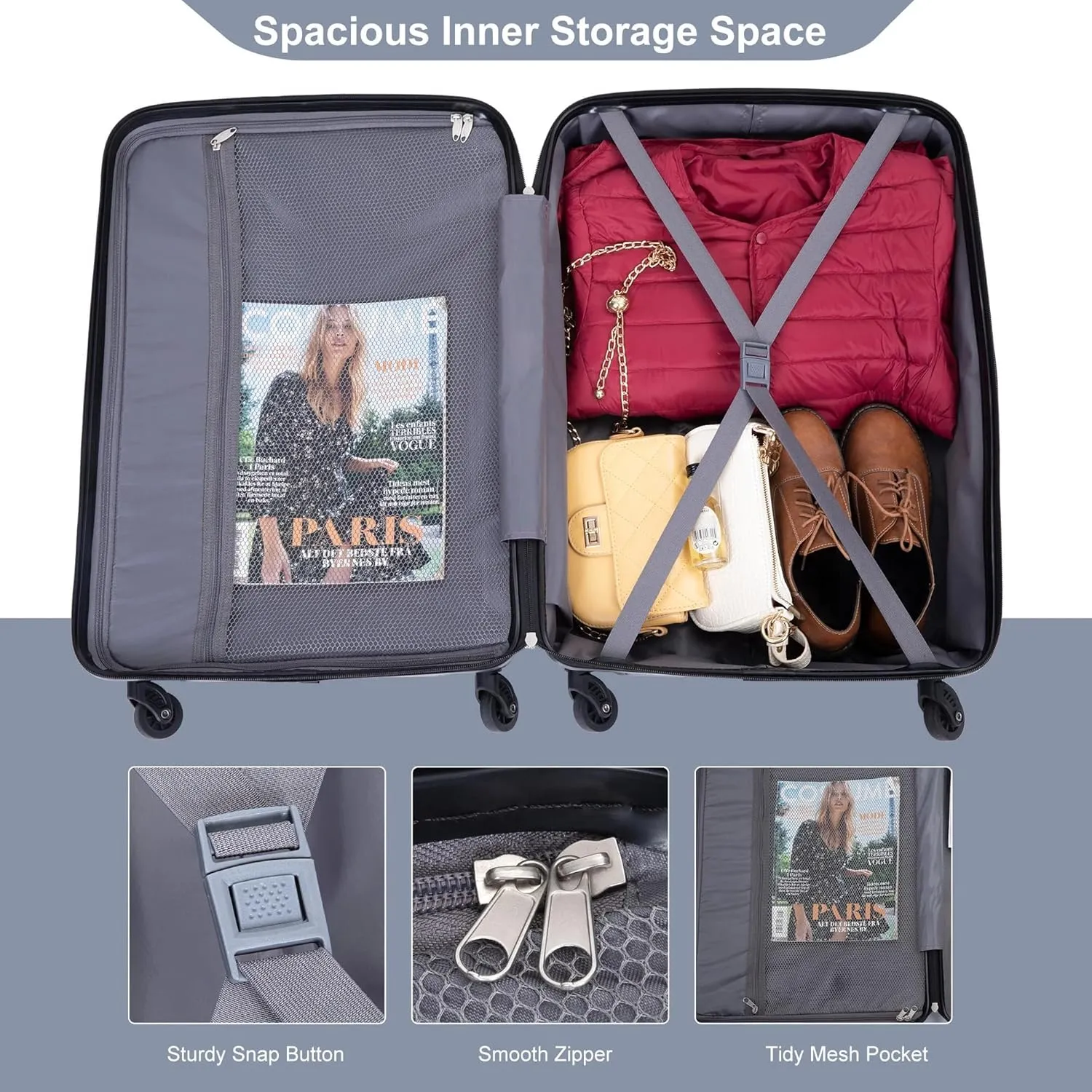 Expandable 3-Piece Luggage Set (21", 25", 29"), PC Lightweight & Durable Suitcase with 360 Spinner Wheels, Two Hooks and TSA Lock, Carry-On & Checked Travel Gear Set (Gray)