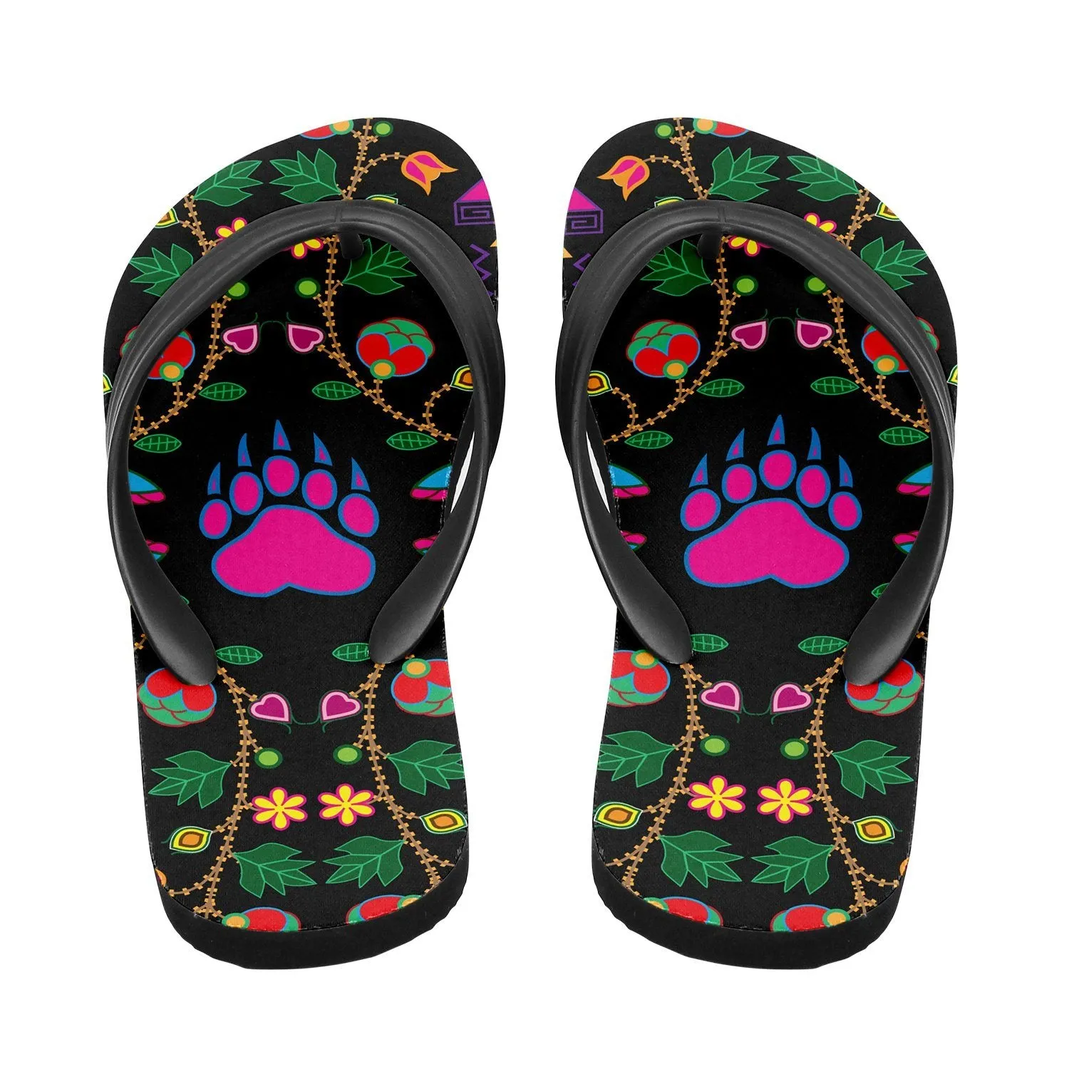 Geometric Floral Fall Black Flip Flops