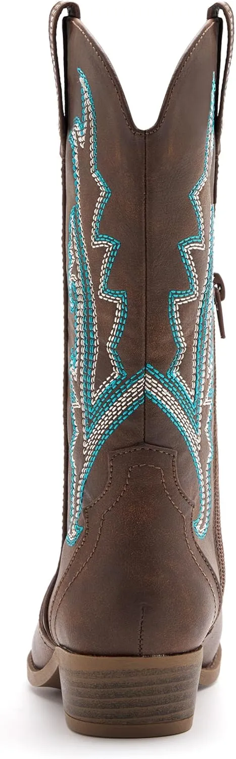 Girls Kids Western Boots Embroidered Cowgirl Cowboy Boots Girls Mid Calf Riding Shoes Little Kid/Big Kid