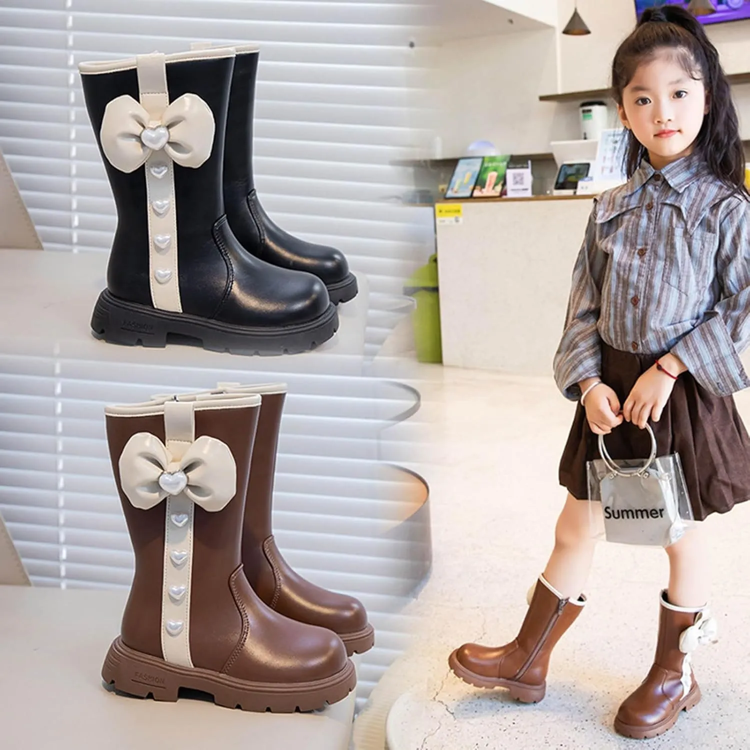 Girls Knee High Wateroof Winter Boots Pearl Butterfly Warm Lined Non Slip Riding Boot with Side Kids Snow Boots Kids