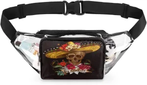 Hat Flower Skull Clear Fanny Pack Stadium Approved Adjustable Clear Belt Bag Cute Waist Bags for Women Men Travel Sports Events Hiking Concerts