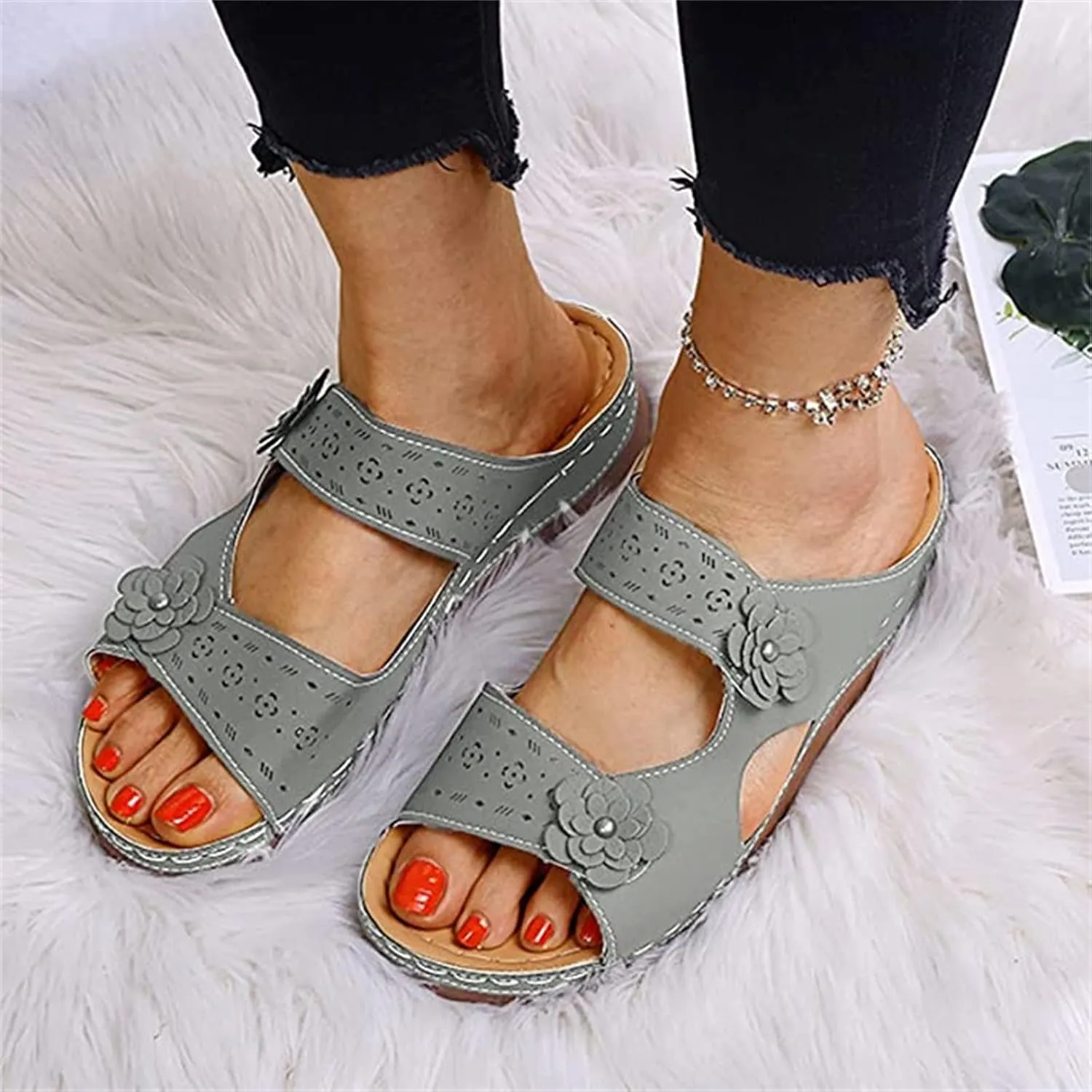 Ladmiple Womens Sandals Dressy Flat Comfortable Orthotic Slides Open Toe Arch Support Walking Summer Orthopedic Flip Flops