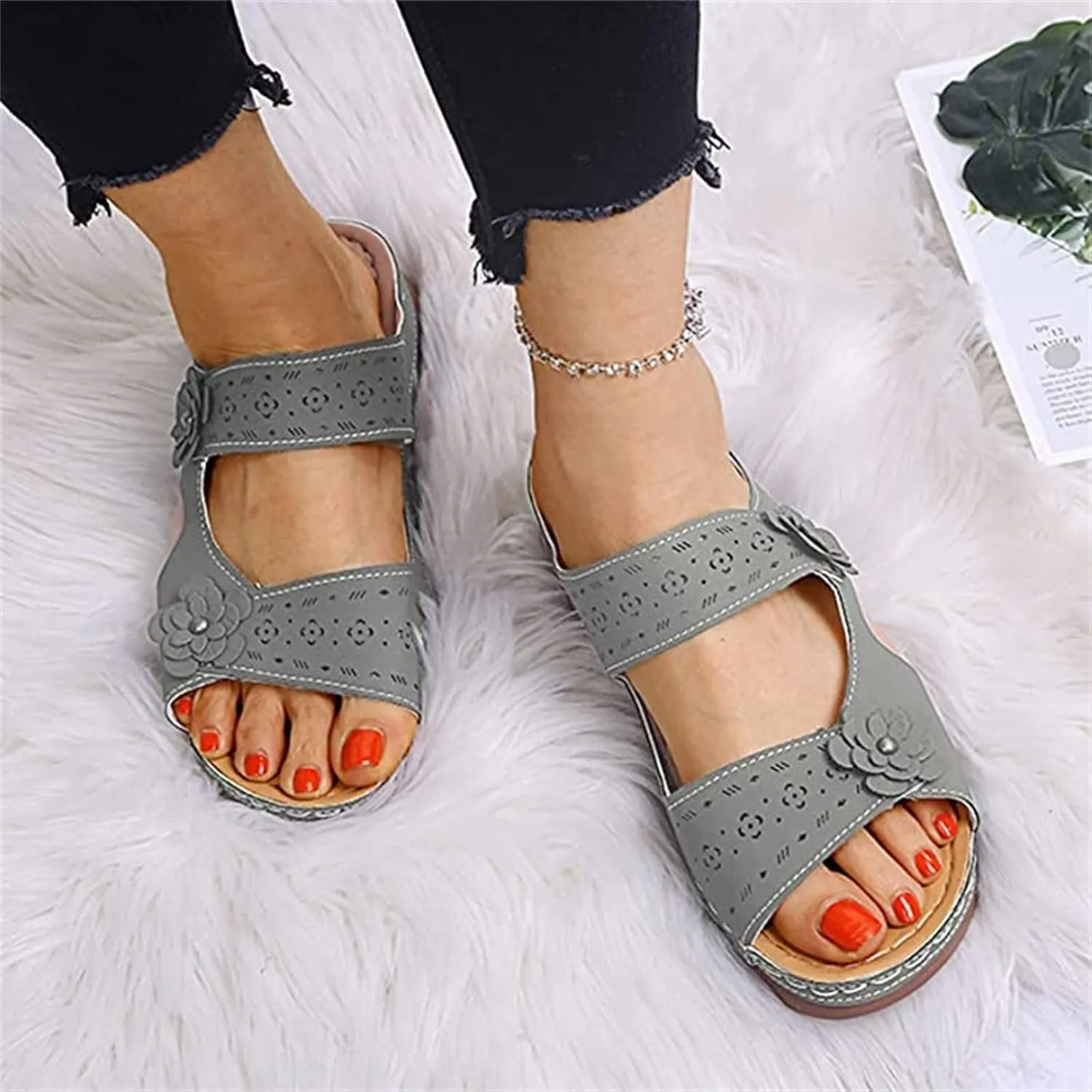 Ladmiple Womens Sandals Dressy Flat Comfortable Orthotic Slides Open Toe Arch Support Walking Summer Orthopedic Flip Flops