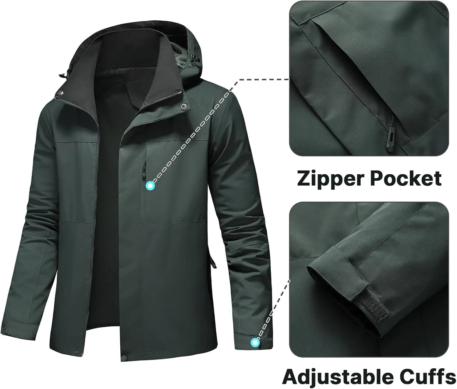 Lamgool Waterproof Jackets for Men Lightweight Rain Jacket Hooded Raincoat Zip Windbreaker for Running Hiking Travel