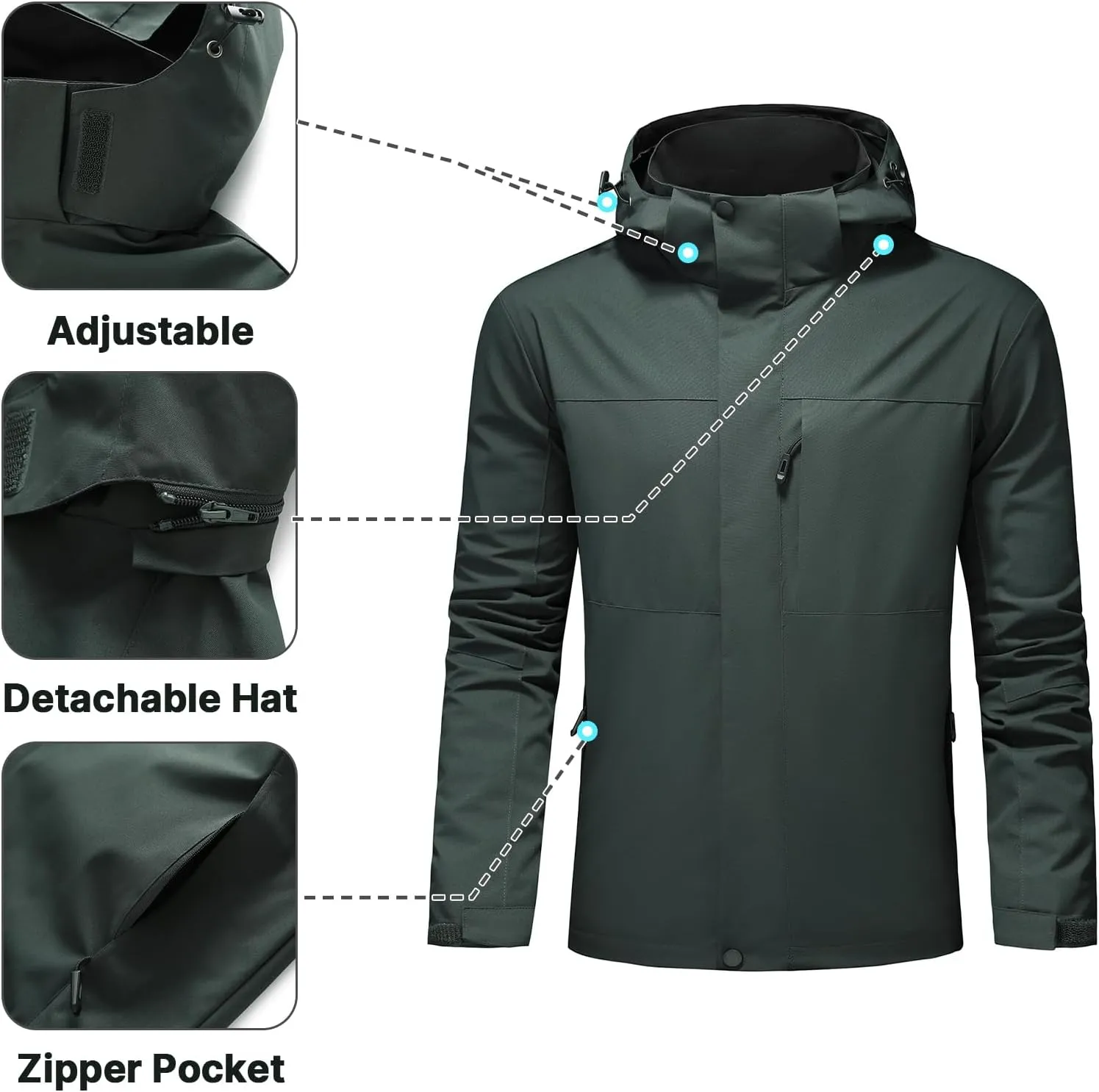 Lamgool Waterproof Jackets for Men Lightweight Rain Jacket Hooded Raincoat Zip Windbreaker for Running Hiking Travel