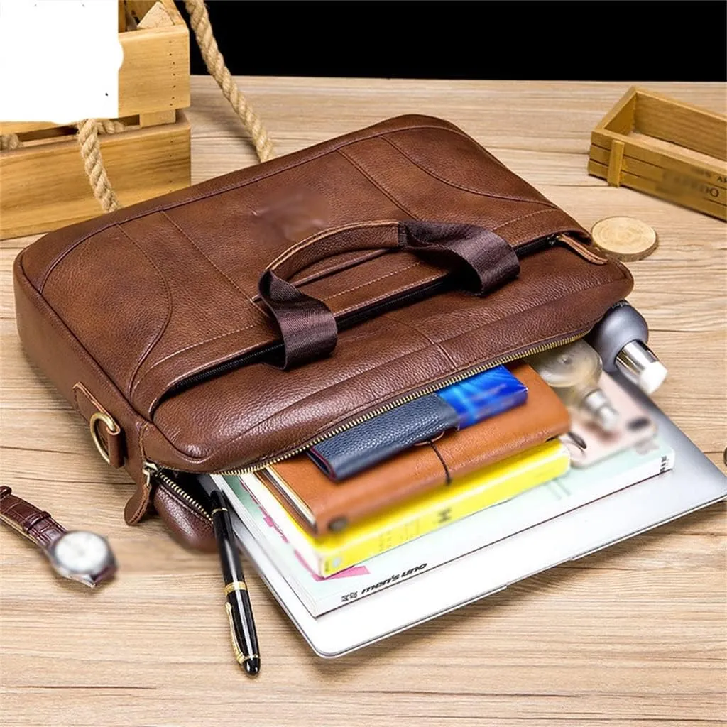 Layer Cowhide Leather Men's Handheld Briefcase Large Capacity Business Leisure Retro Leather Shoulder Cross Bag(E)