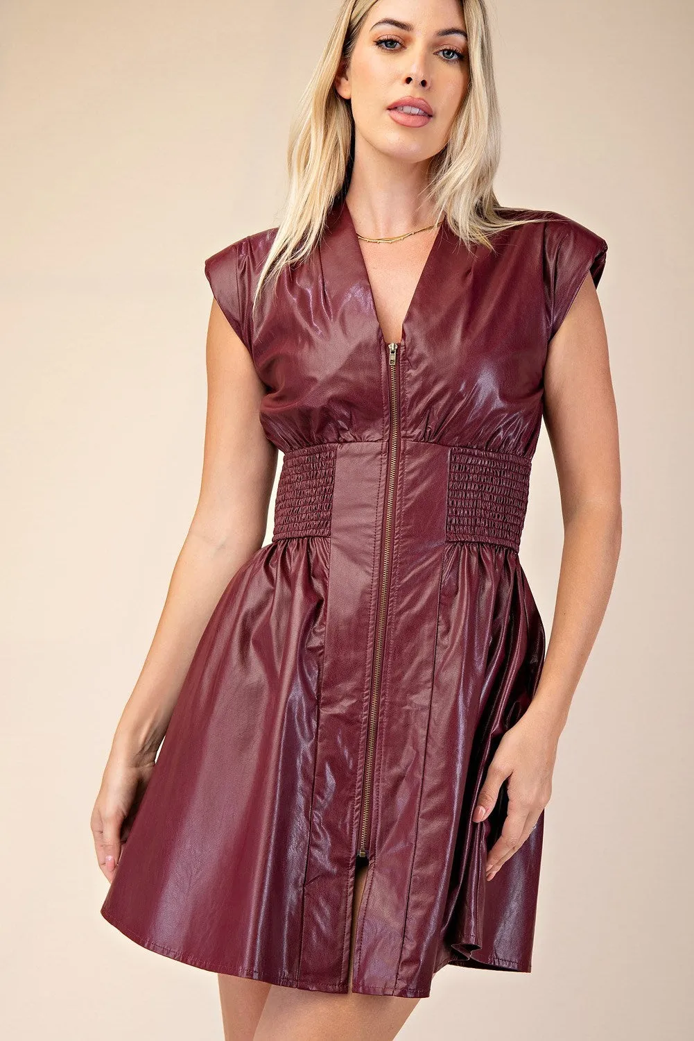 Leather V-Neck Sleeveless Smocked Mini Dress