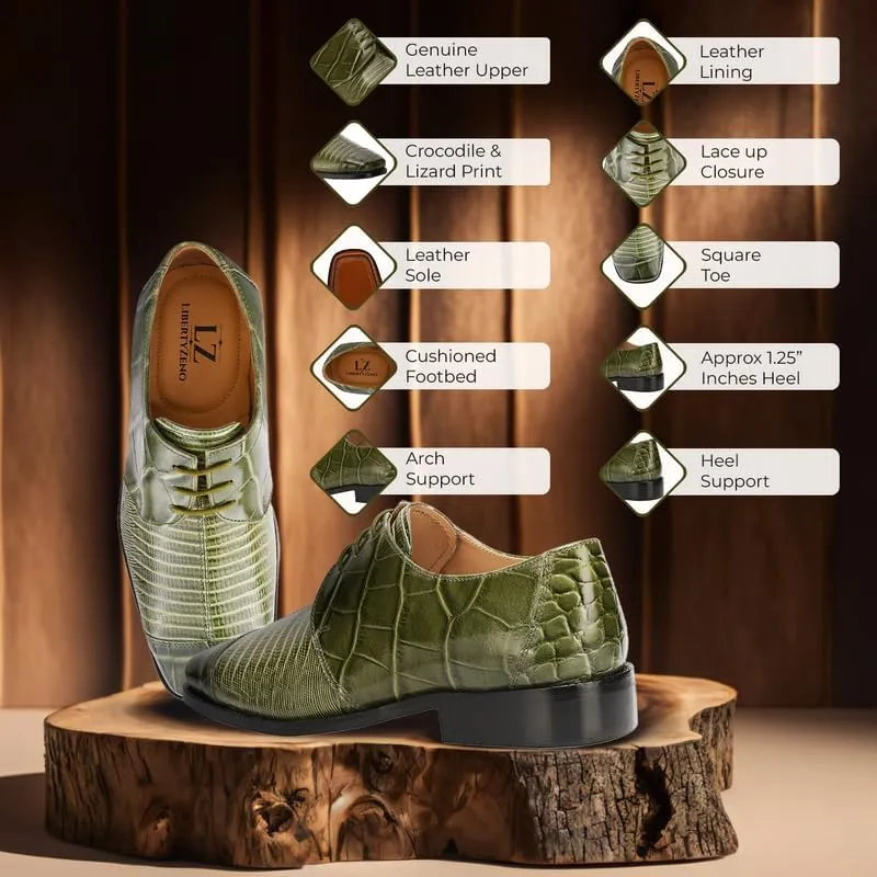 LIBERTYZENO Mens Croco Lizard Print Genuine Leather Adults Slip On & Lace Up Oxford Dress Shoes for Prom Graduation