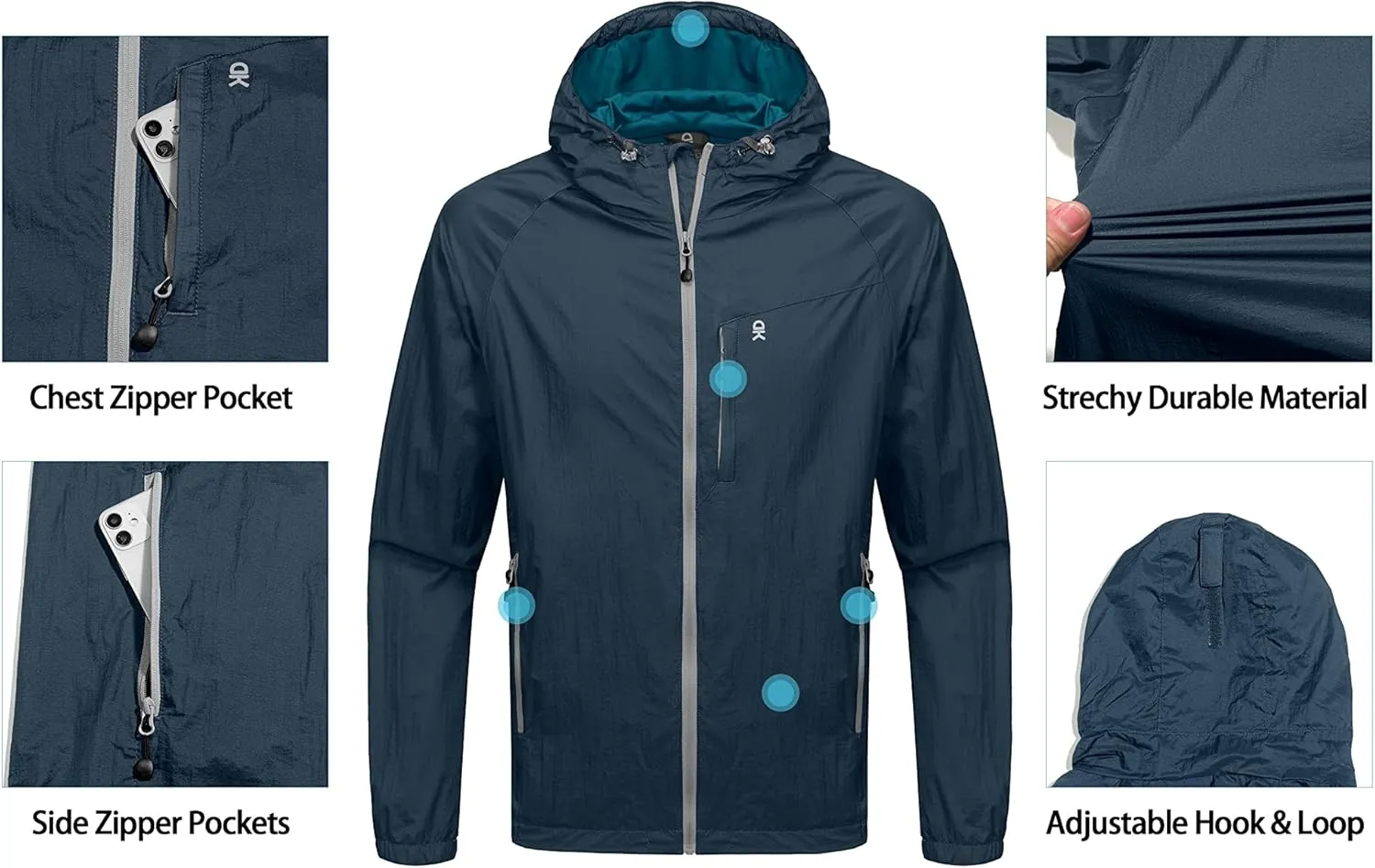 Little Donkey Andy Men's Packable Lightweight Hooded Jacket Windproof Windbreaker with Recycled Insulation