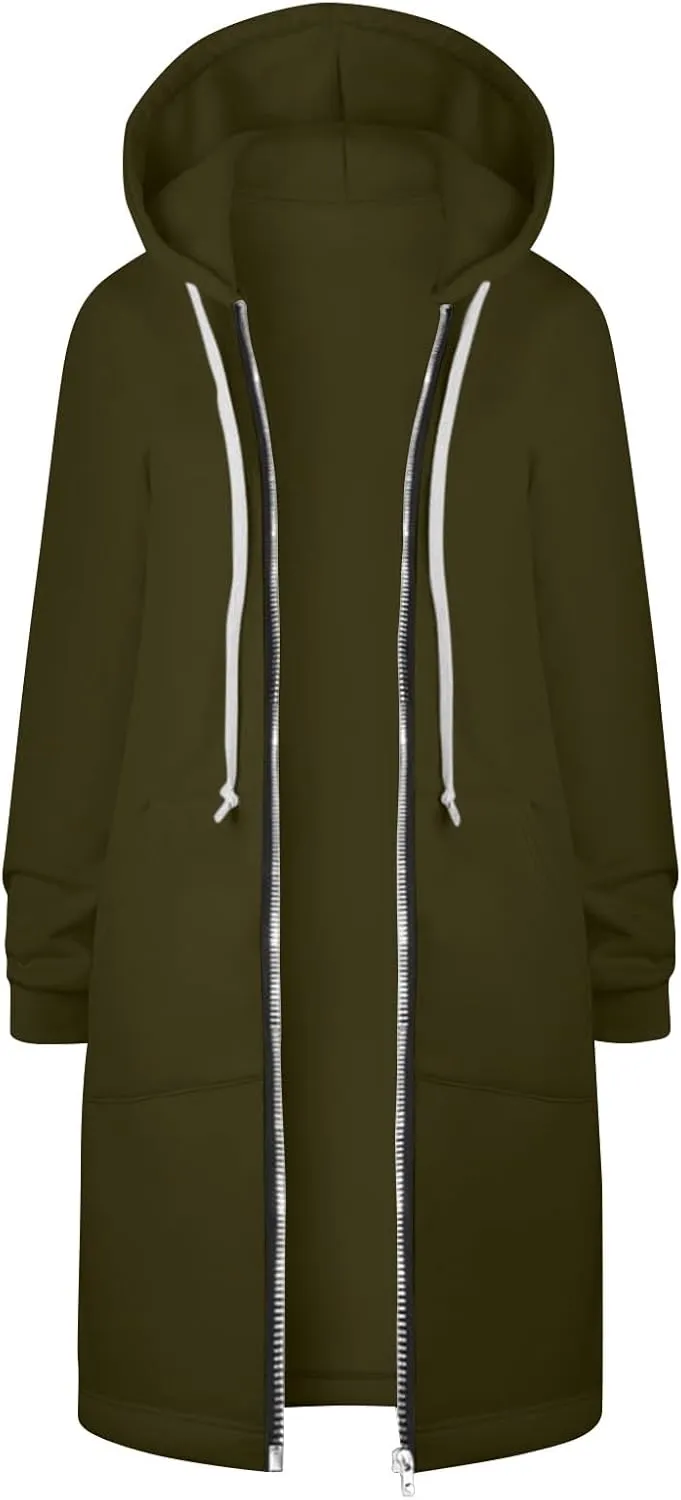 Long Hoodie Women Zip Up Tunic Sweatshirt Fall Hooded Jacket Coat Drawstring Open Front Cardigan with Pockets