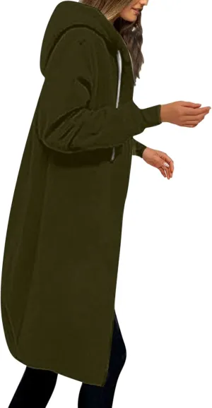 Long Hoodie Women Zip Up Tunic Sweatshirt Fall Hooded Jacket Coat Drawstring Open Front Cardigan with Pockets