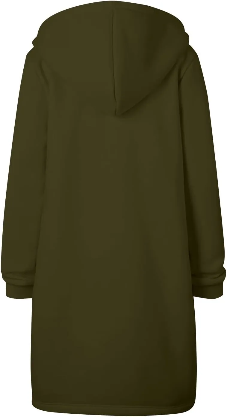 Long Hoodie Women Zip Up Tunic Sweatshirt Fall Hooded Jacket Coat Drawstring Open Front Cardigan with Pockets