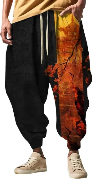 Mens Linen Cargo Jogger Pant Street Feel Casual Sweatpants Casual Wide Leg Jogger Pants Baggy Pants for Men Baggy