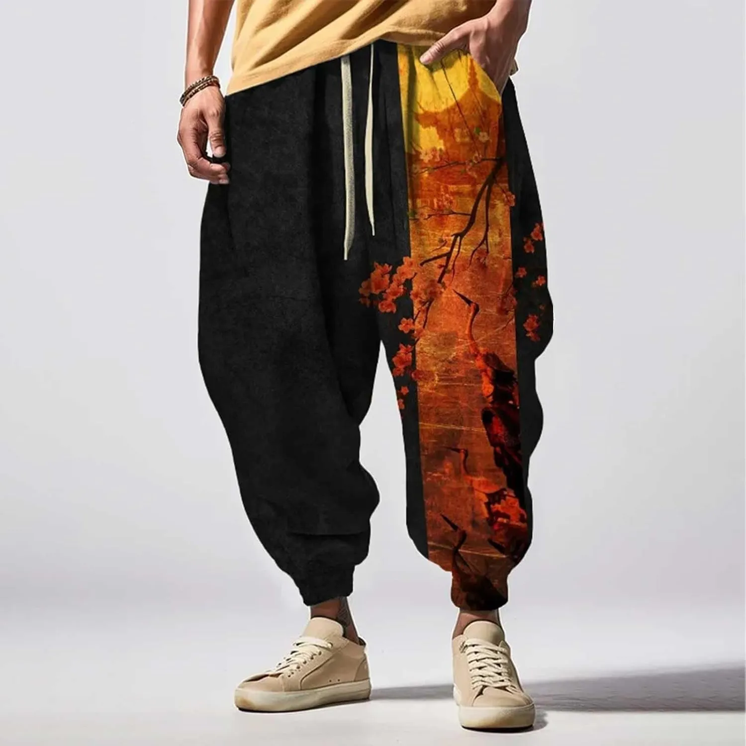 Mens Linen Cargo Jogger Pant Street Feel Casual Sweatpants Casual Wide Leg Jogger Pants Baggy Pants for Men Baggy