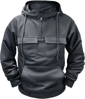 Men's Tactical Hoodies Solid Color Quarter Zip Sweatshirt Multi Pockets Jakcets Fleece Winter Warm Oversized Pullover
