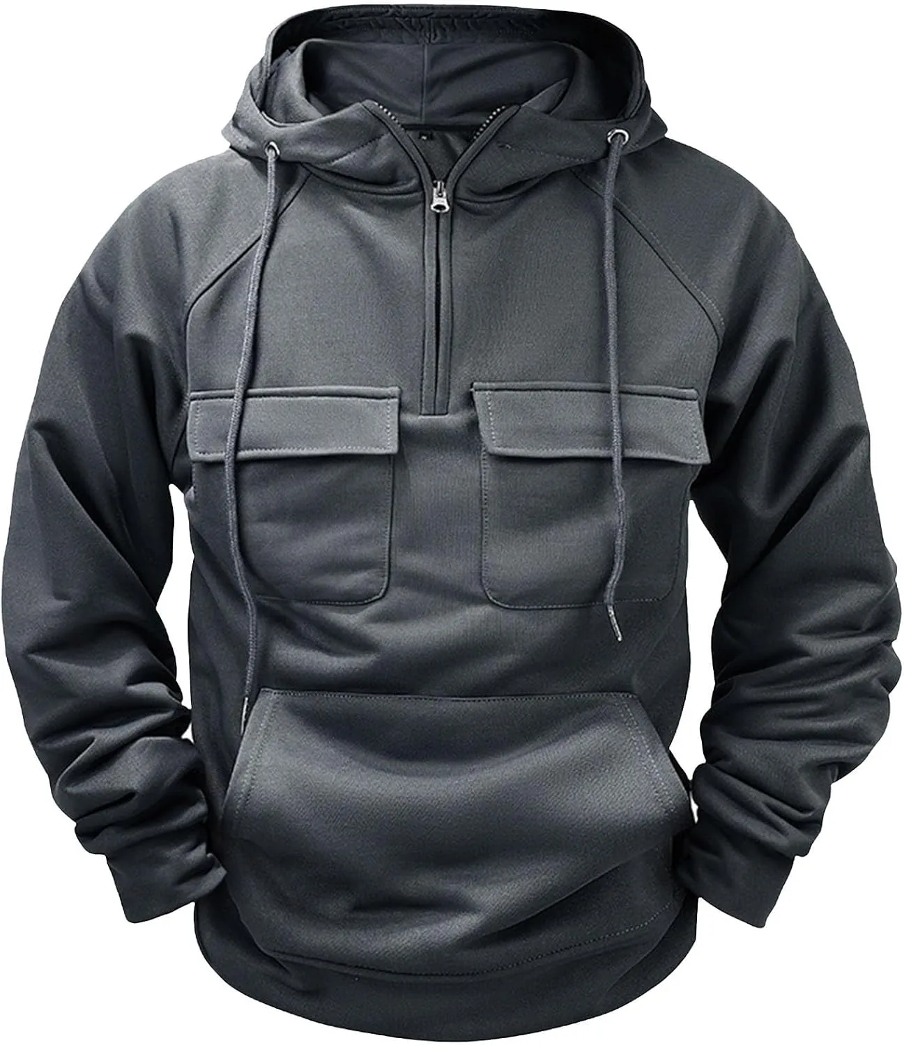 Men's Tactical Hoodies Solid Color Quarter Zip Sweatshirt Multi Pockets Jakcets Fleece Winter Warm Oversized Pullover