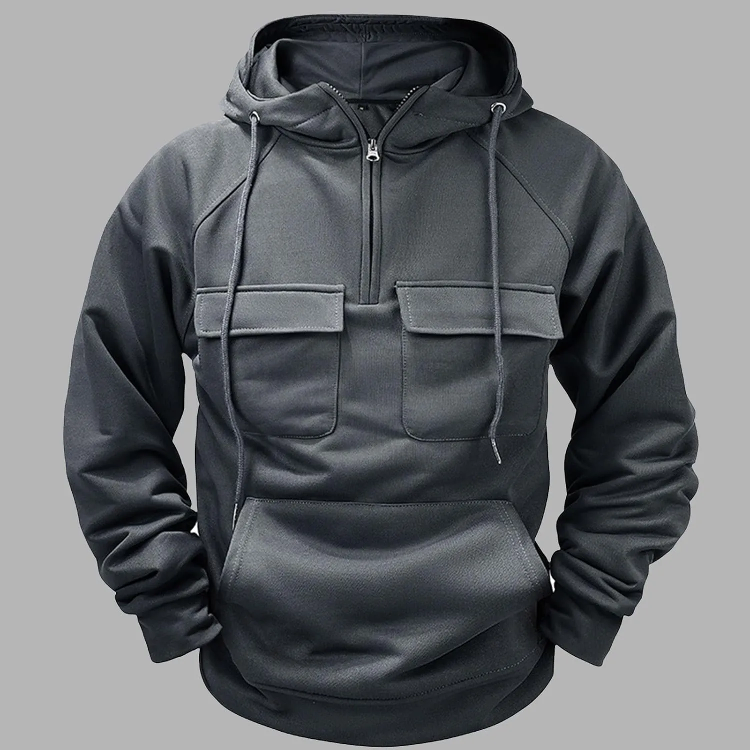 Men's Tactical Hoodies Solid Color Quarter Zip Sweatshirt Multi Pockets Jakcets Fleece Winter Warm Oversized Pullover