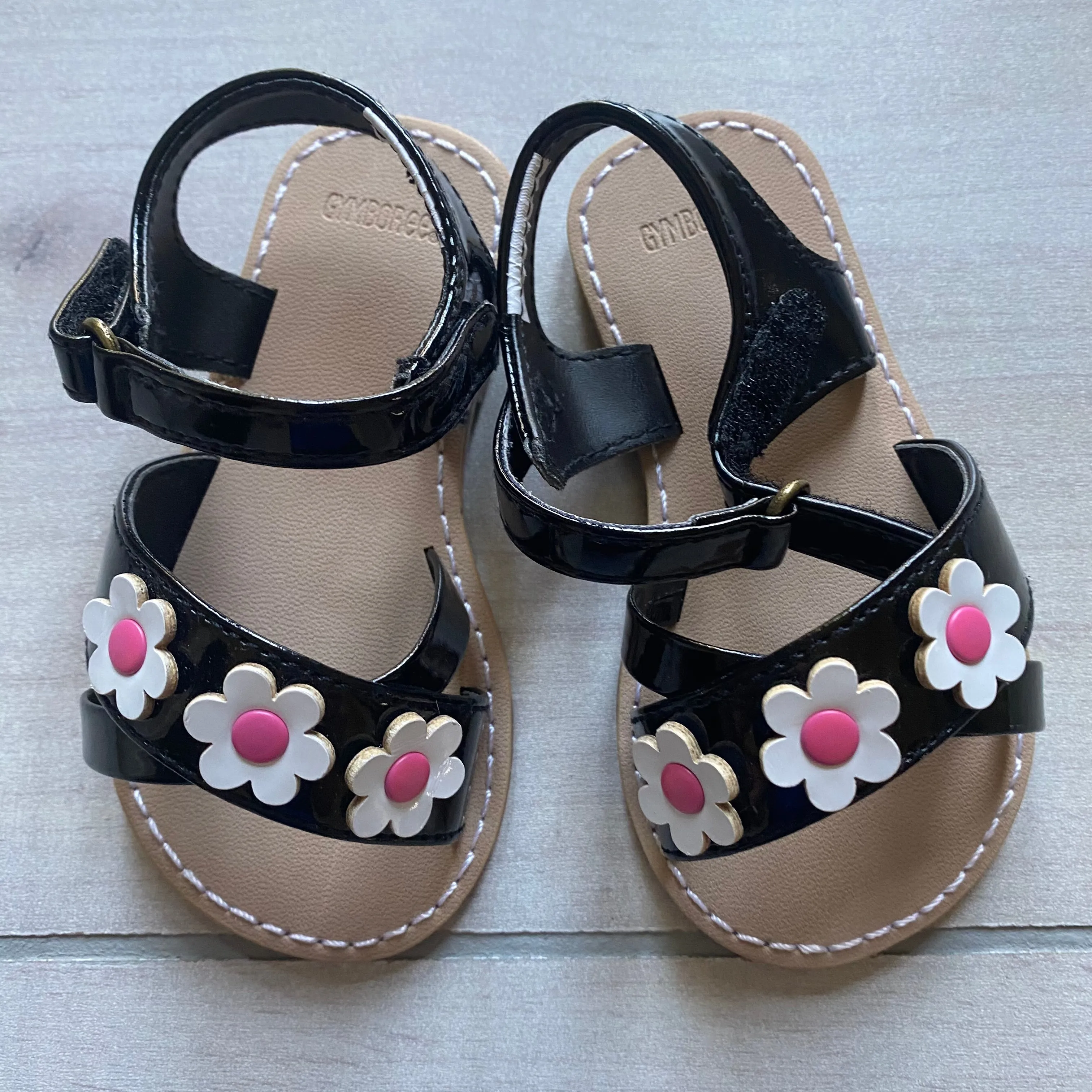 NEW Gymboree Black Patent White Floral Velcro Sandals
