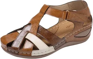 Orthopedic Sandals for Women Summer Vintage Closed Toe Wedge Sandals, Slip on Cross Strap Platform Wedges with Ankle Strap Gladiator Outdoor Hollow Out Sandal All Day Comfort