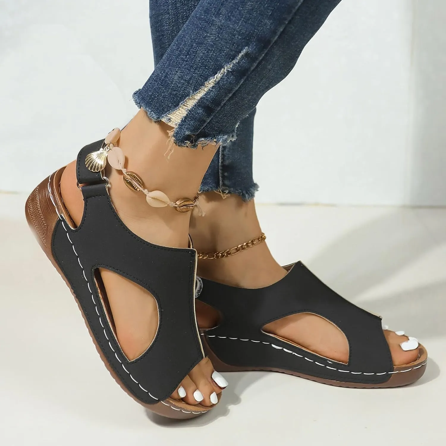 Orthopedic Sandals for Women with Arch Support Comfortable Wedge Sandal Summer Ankle Strap Open Toe Wedge Dressy Sandals Casual Dressy Open Back Sandal Platform Slip On Shoes for All Day Wear