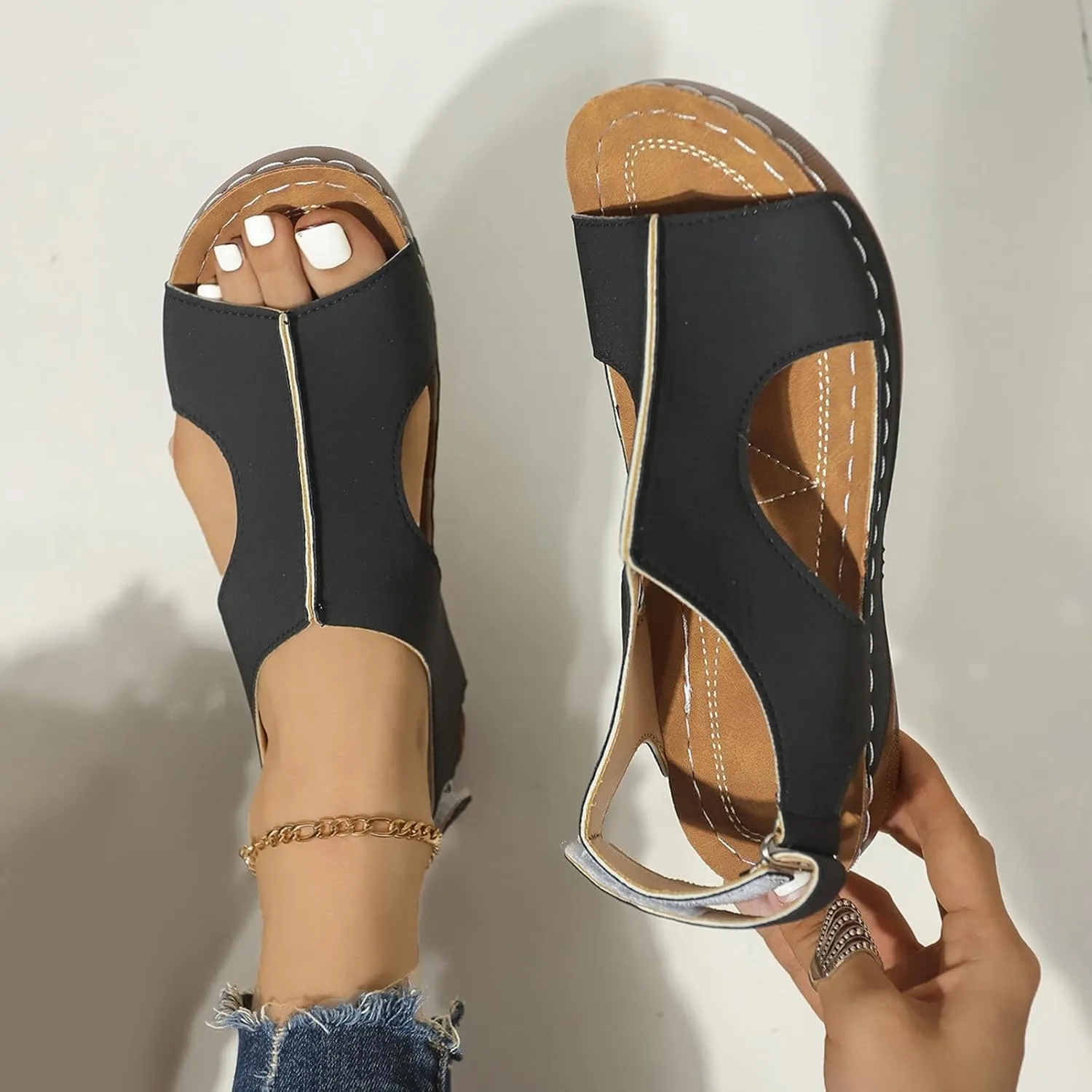 Orthopedic Sandals for Women with Arch Support Comfortable Wedge Sandal Summer Ankle Strap Open Toe Wedge Dressy Sandals Casual Dressy Open Back Sandal Platform Slip On Shoes for All Day Wear