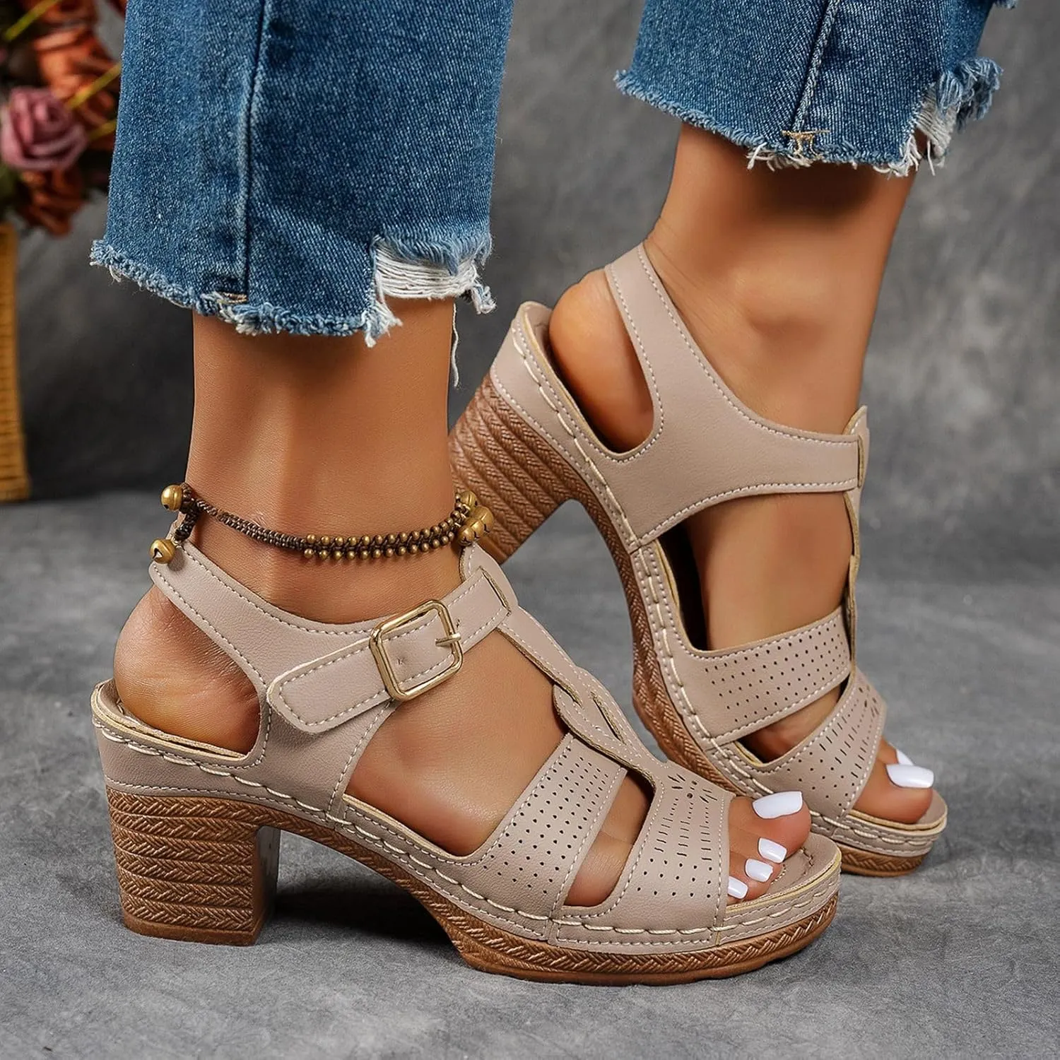 Orthopedic Sandals Women Wedge Shoes Comfortable Womens Sandal Dressy Summer Flip Flops Fashion Walking Wedges with Adjustable Ankle Buckle