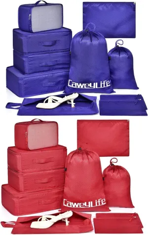 Packing Cubes for Suitcases, CaweyLife Luggage Organizers 2 Pack of Travel Cube 10 Pcs Set with Shoe Bag Luandry Bag Zipper Pouch for Travel Accessories (2 * 10pcs Night&Wine)