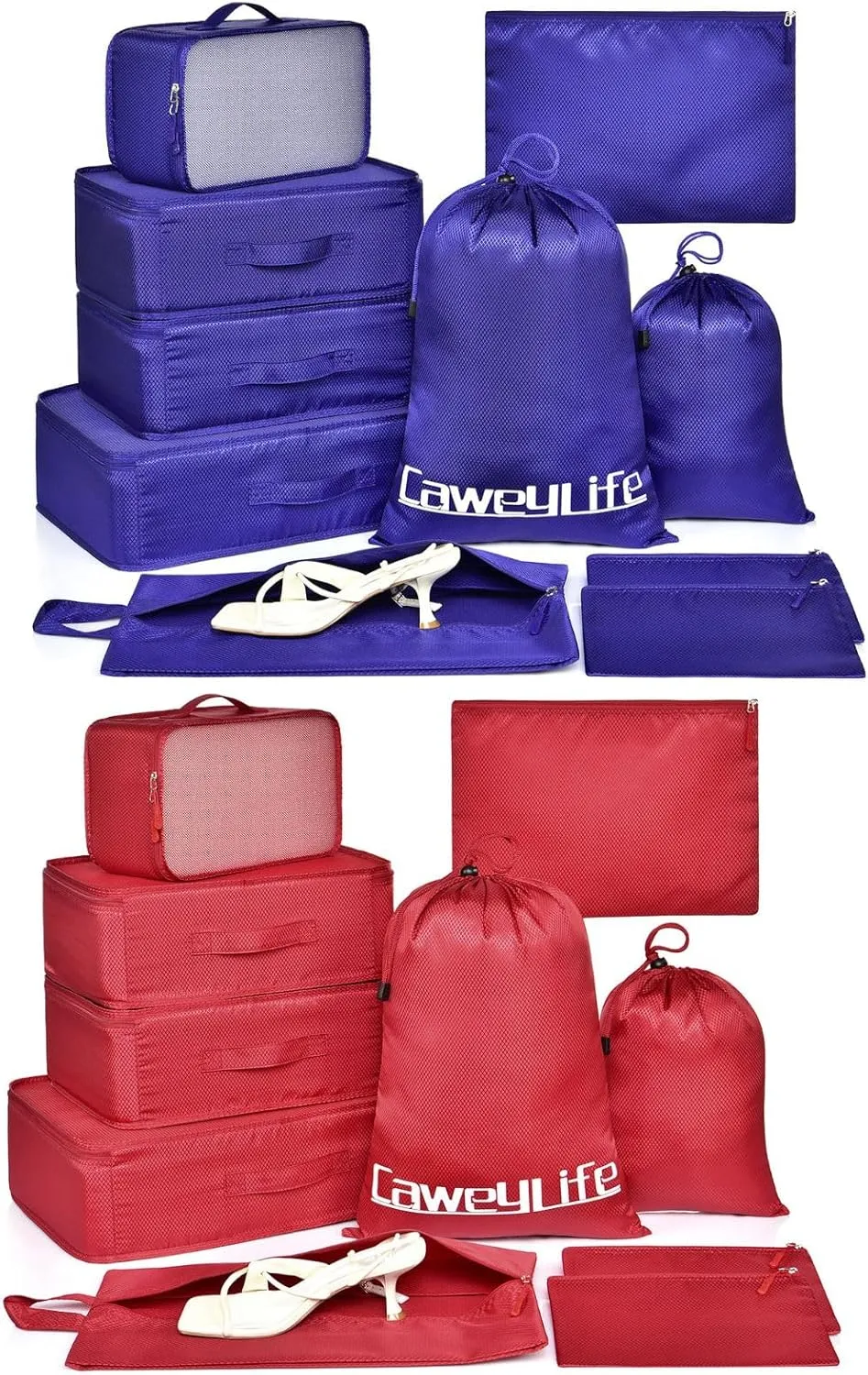 Packing Cubes for Suitcases, CaweyLife Luggage Organizers 2 Pack of Travel Cube 10 Pcs Set with Shoe Bag Luandry Bag Zipper Pouch for Travel Accessories (2 * 10pcs Night&Wine)