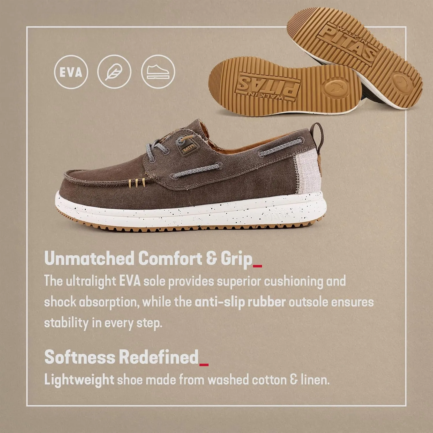 PITAS Byron Mens Boat Shoes | Lightweight Slip-On Loafers | Ultra-Comfortable Casual Shoes for Men | Taupe