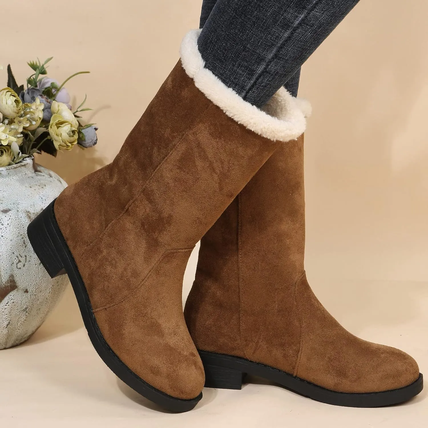 Short Winter Boots for Women Low Heel Size 9 Wide Calf Snow Boots for Woman Furry Winter Boots Boots for Winter Fashion for Women Slip on Botas De Invierno Para Mujer Con Peluche