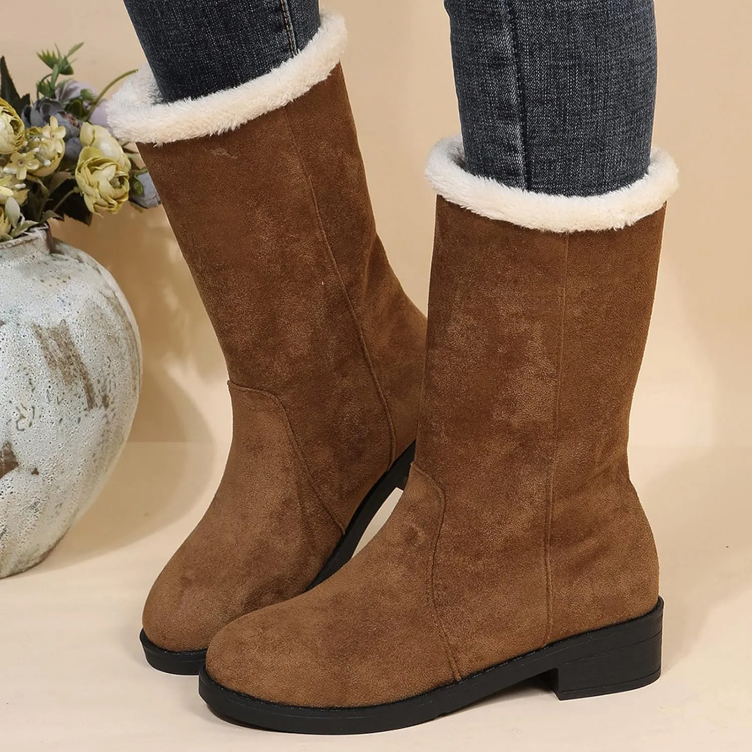 Short Winter Boots for Women Low Heel Size 9 Wide Calf Snow Boots for Woman Furry Winter Boots Boots for Winter Fashion for Women Slip on Botas De Invierno Para Mujer Con Peluche