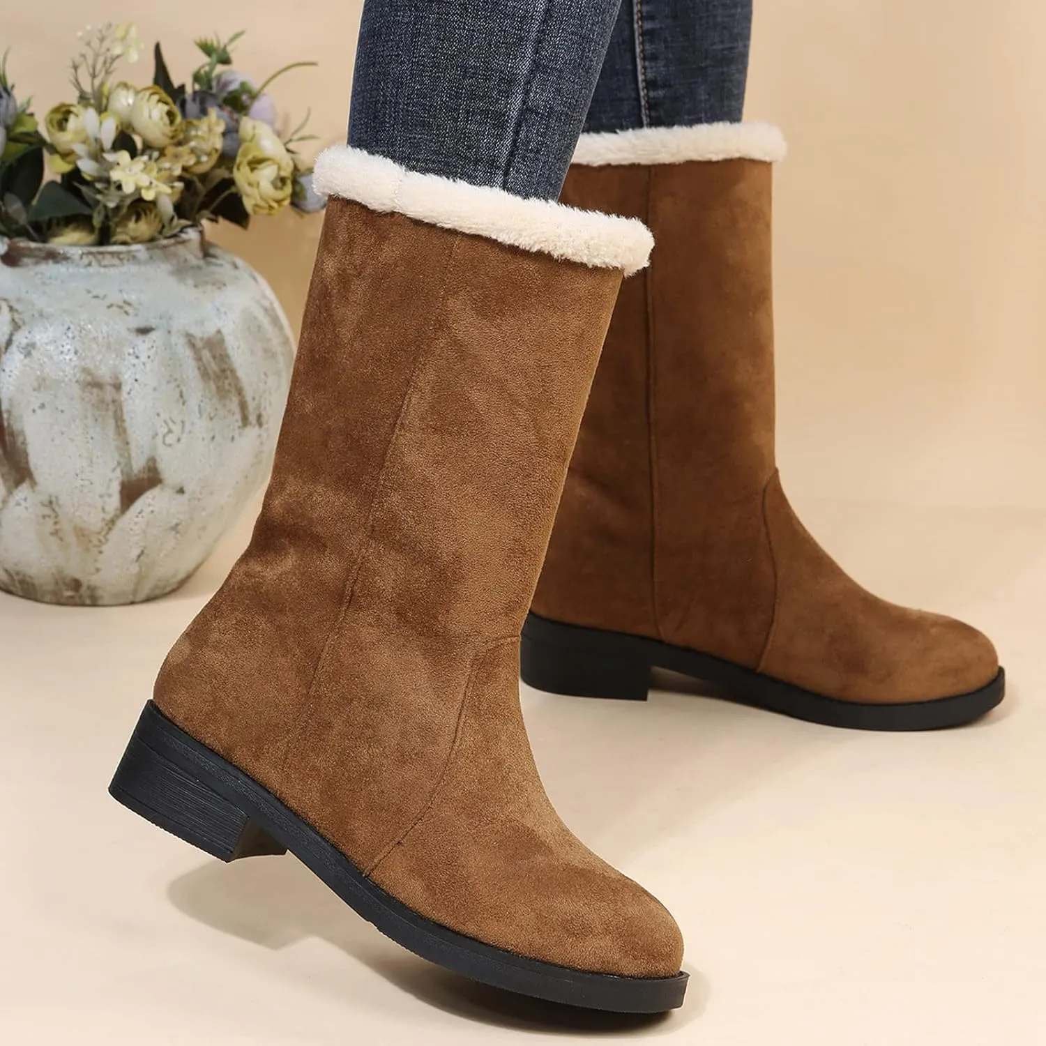 Short Winter Boots for Women Low Heel Size 9 Wide Calf Snow Boots for Woman Furry Winter Boots Boots for Winter Fashion for Women Slip on Botas De Invierno Para Mujer Con Peluche