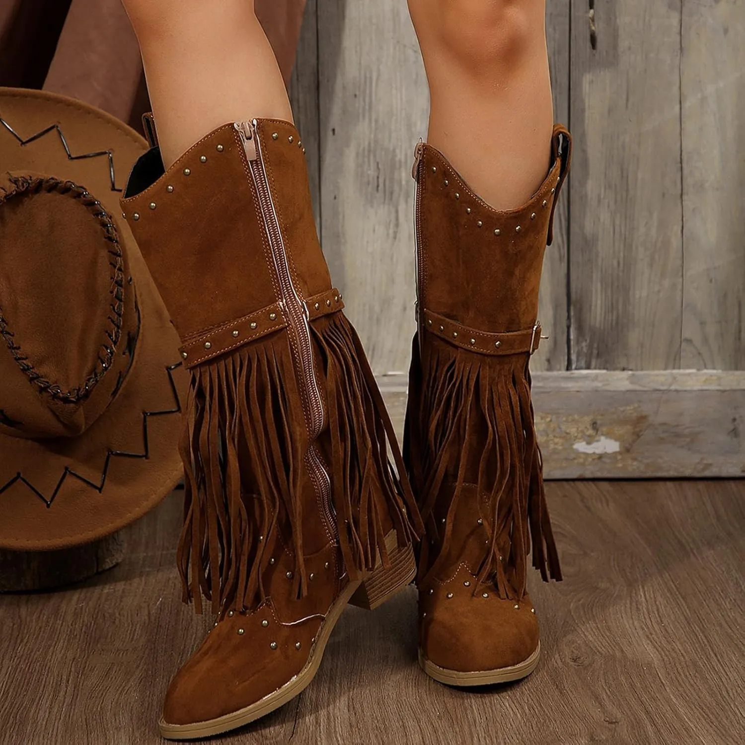 Tassel Boots for Women Knee High Pointed Toe Chunky Heel Boots for Women Ankle Booties Mid Calf Boots for Women