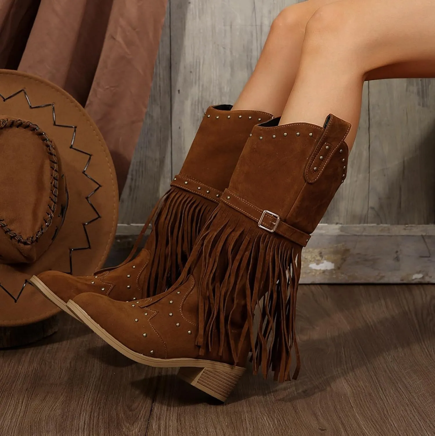 Tassel Boots for Women Knee High Pointed Toe Chunky Heel Boots for Women Ankle Booties Mid Calf Boots for Women