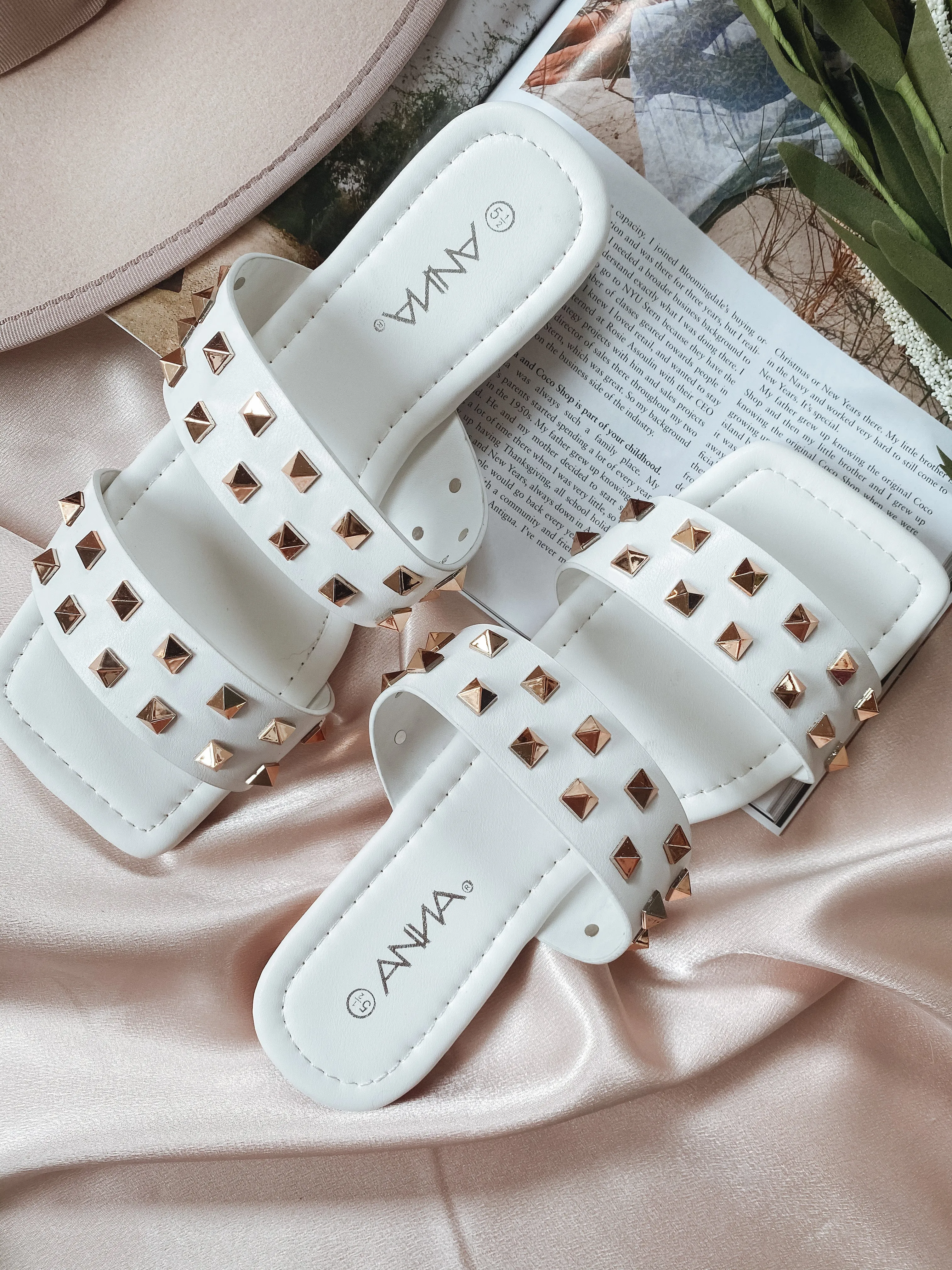 Tell Me About It Studded Square Toe Sandals (White/Gold)