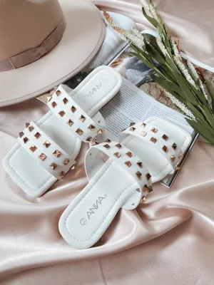 Tell Me About It Studded Square Toe Sandals (White/Gold)