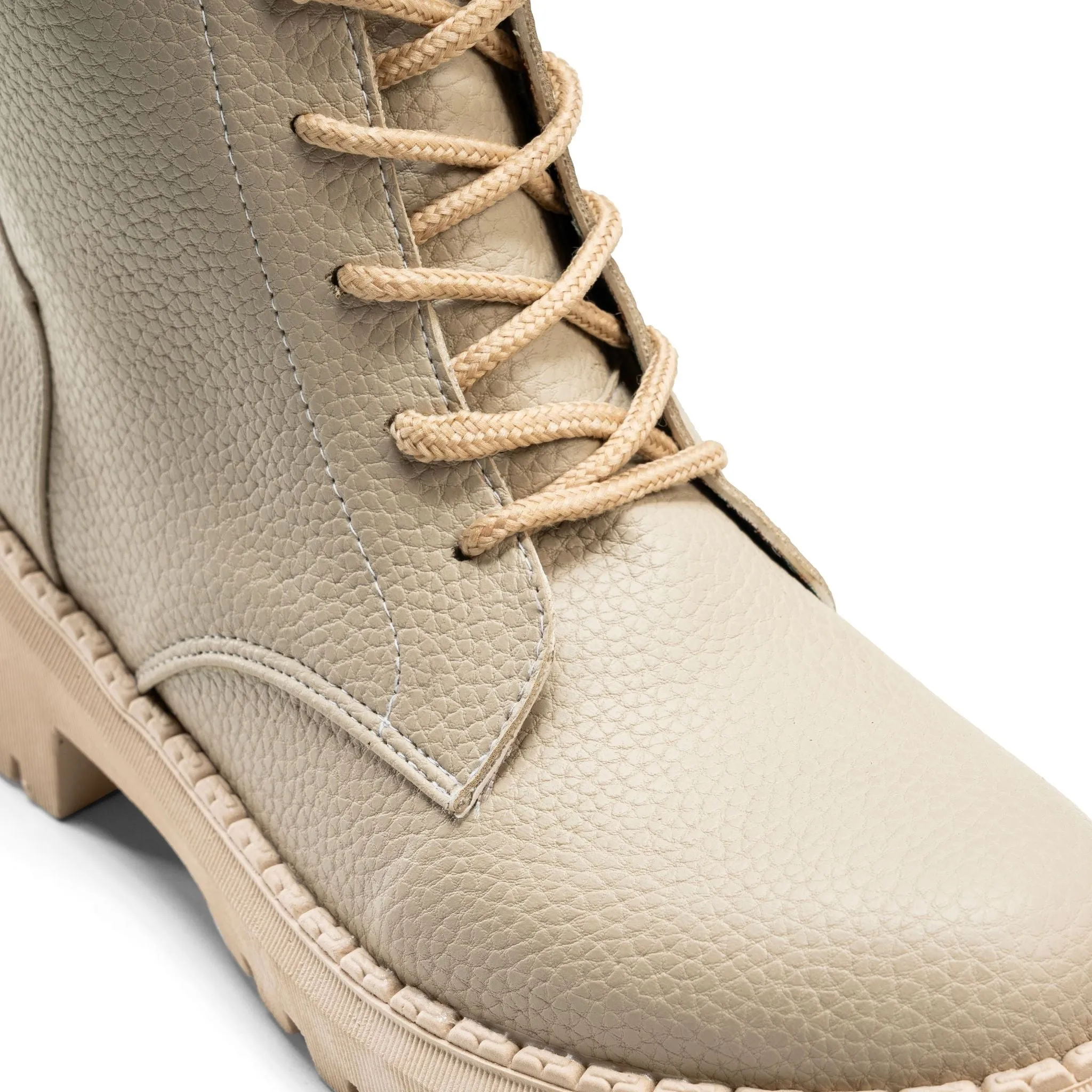 Textured Leather Combat Boot - Beige