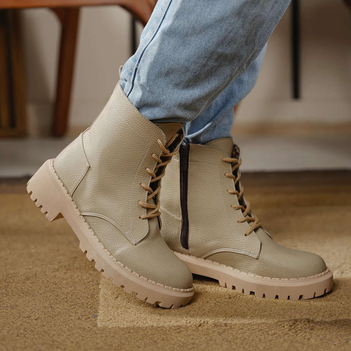 Textured Leather Combat Boot - Beige